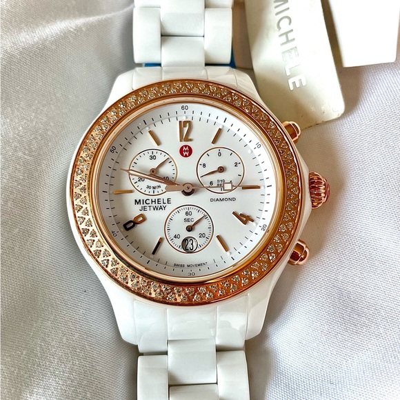 New Rose Gold Michele Diamond Jetway White Ceramic Women's Watch - Picture 3 of 8